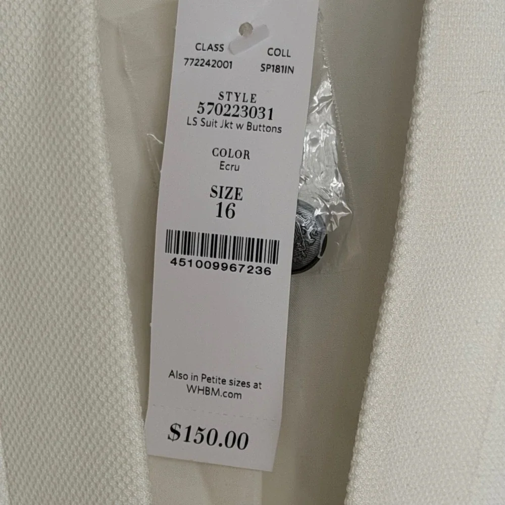 White House Black Market White Textured Blazer 16 Hook & Eye Closure Office NWT - Picture 6 of 8